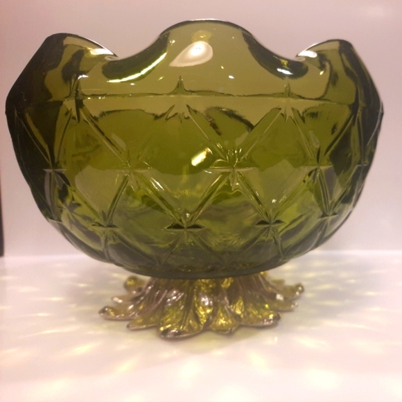 Vintage Indiana Glass Quilted Diamond Decorative Footed Bowl ~ Metal Base - Picture 3 of 8